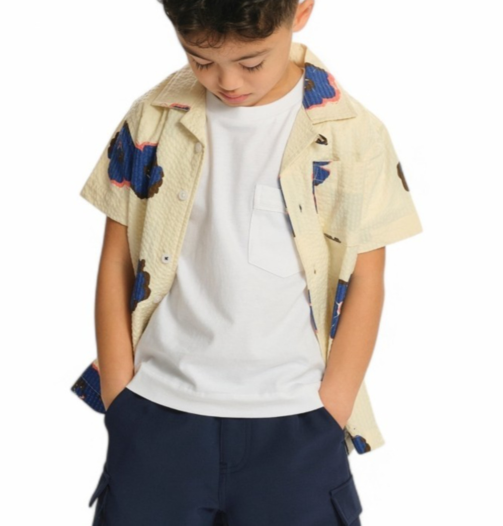 Sovereign Code Boys Shirt XS 5/6 Birch Ivory Blue Floral Seersucker Button Up NW